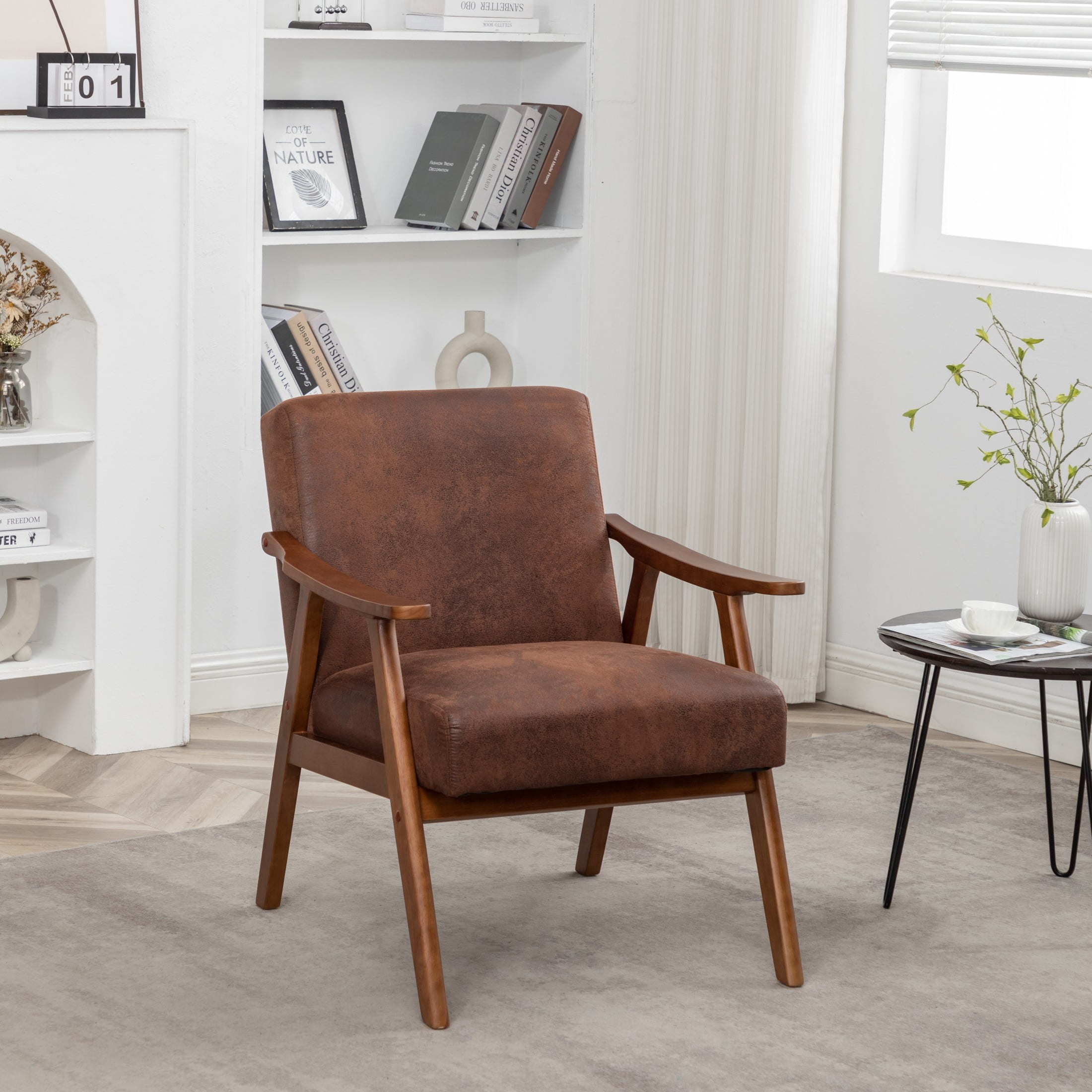GDF Studio Mid-Century Modern Accent Chair with Microfiber Upholstery & Solid Wood Frame, Light Brown