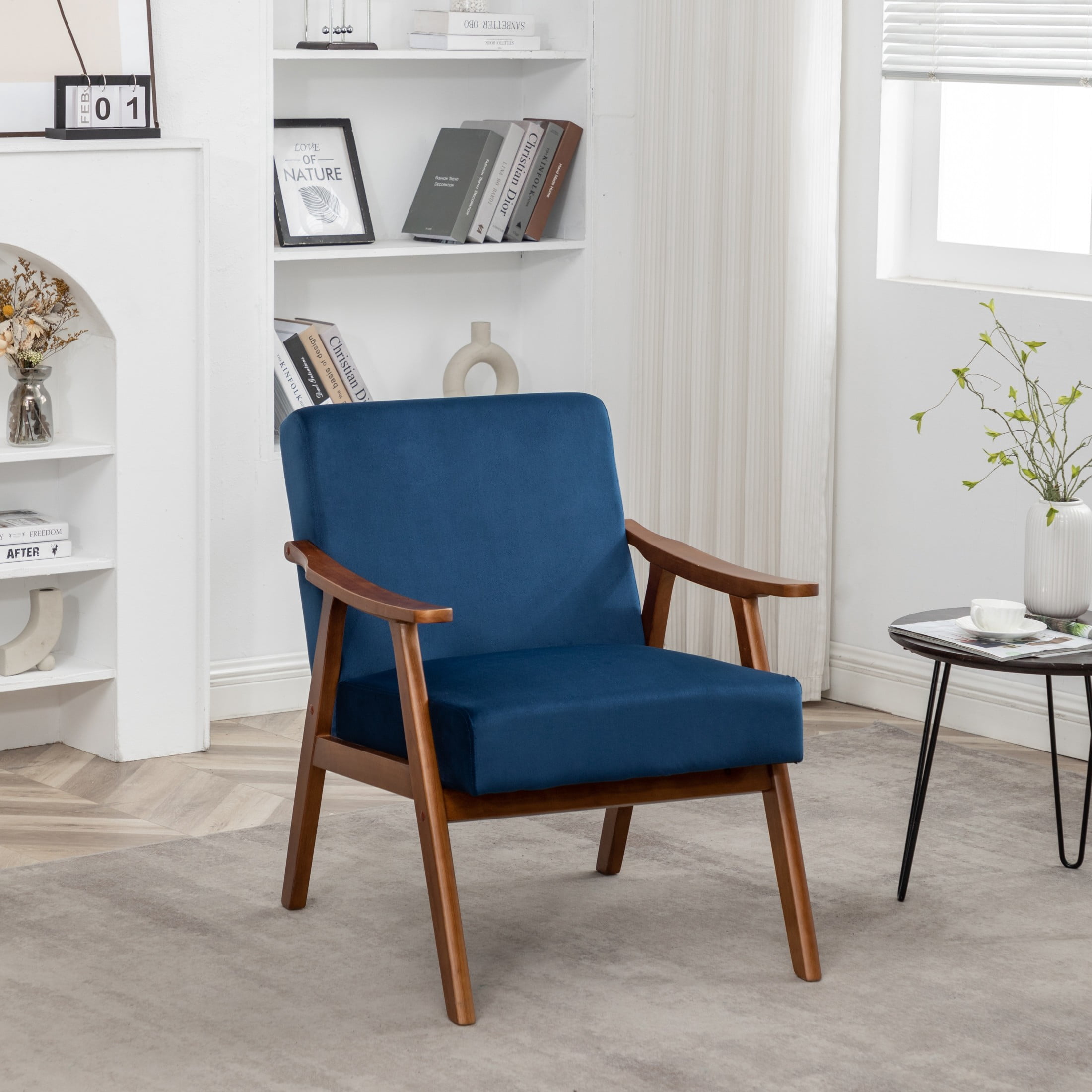 GDF Studio Mid-Century Modern Accent Chair with Velvet Upholstery & Solid Wood Frame, Dark Blue