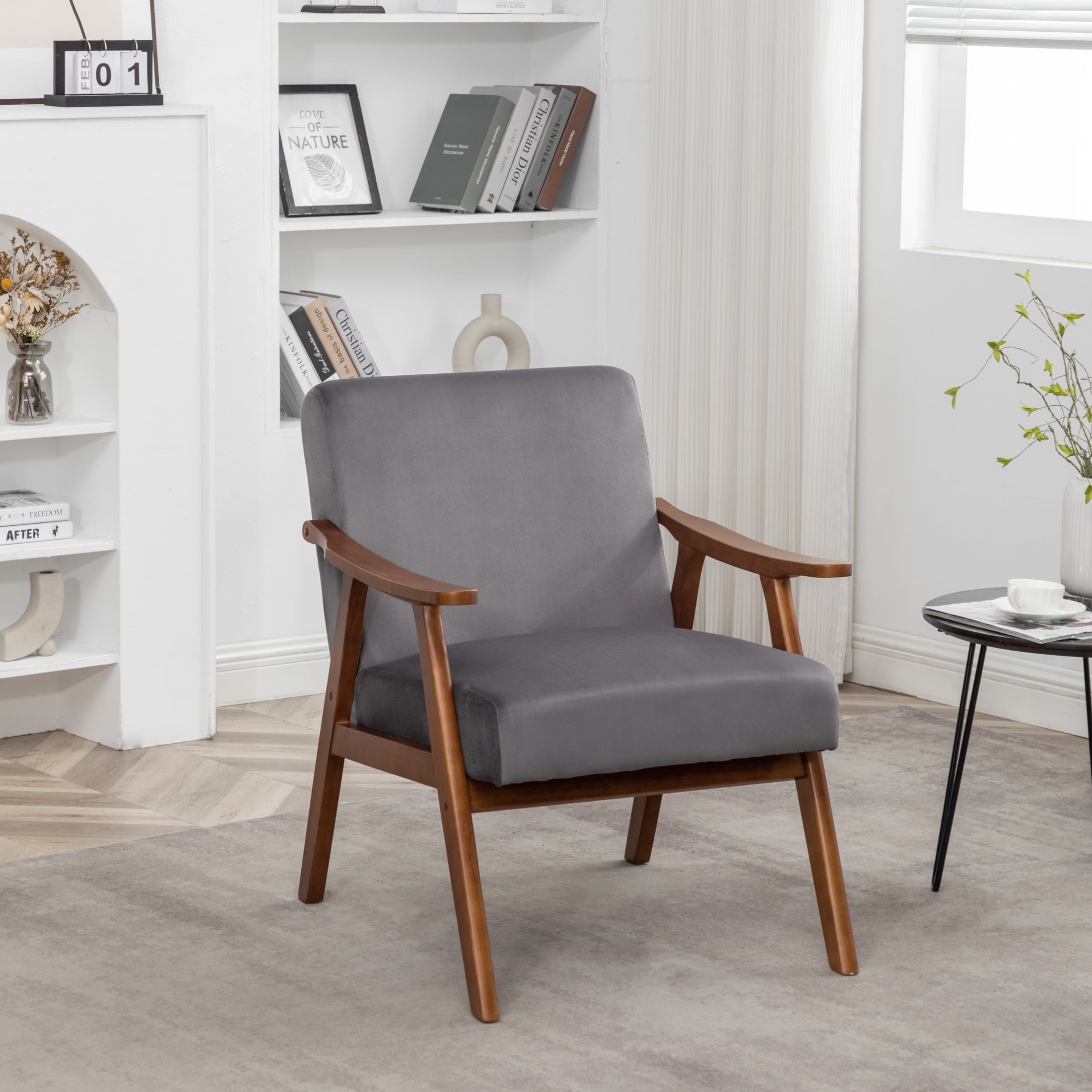 GDF Studio Mid-Century Modern Accent Chair with Velvet Upholstery & Solid Wood Frame, Gray
