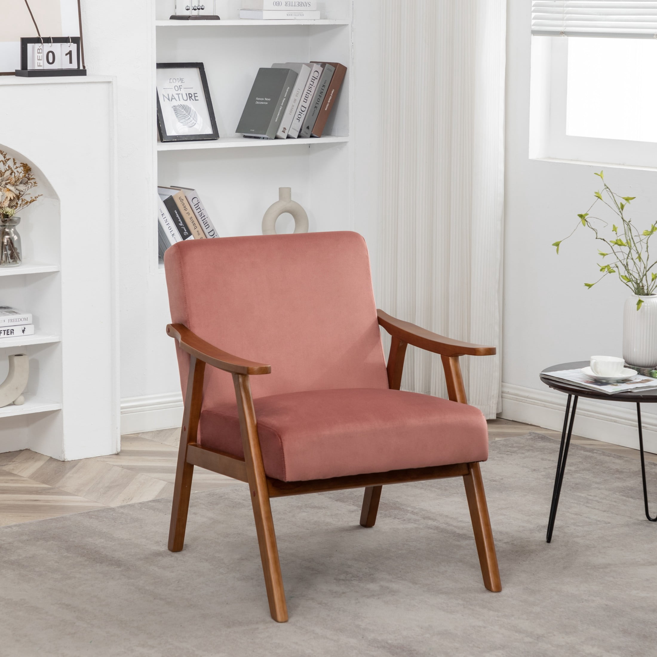 GDF Studio Mid-Century Modern Accent Chair with Velvet Upholstery & Solid Wood Frame, Rose