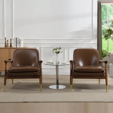 GDF Studio Mid-Century Modern Accent Chairs, PU Upholstered Armchairs, Solid Wood Frame, Brass-Tipped Feet, Dark Brown, Set of 2