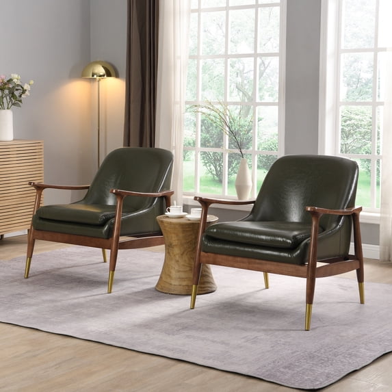 GDF Studio Mid-Century Modern Accent Chairs, PU Upholstered Armchairs, Solid Wood Frame, Brass-Tipped Feet, Wasabi Green, Set of 2