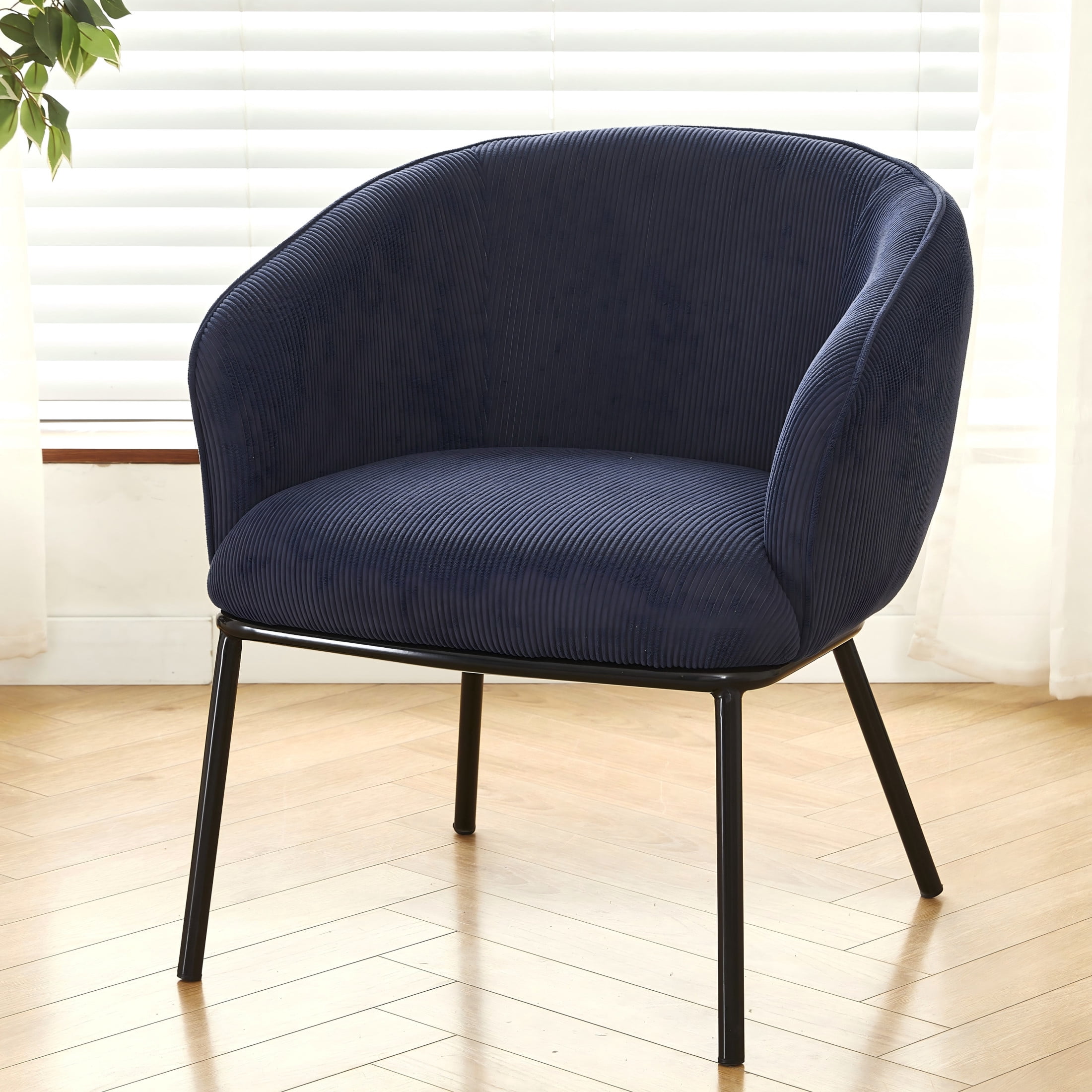 GDF Studio Mid-Century Modern Barrel Accent Chair with Corduroy Upholstery & Metal Legs, Dark Blue