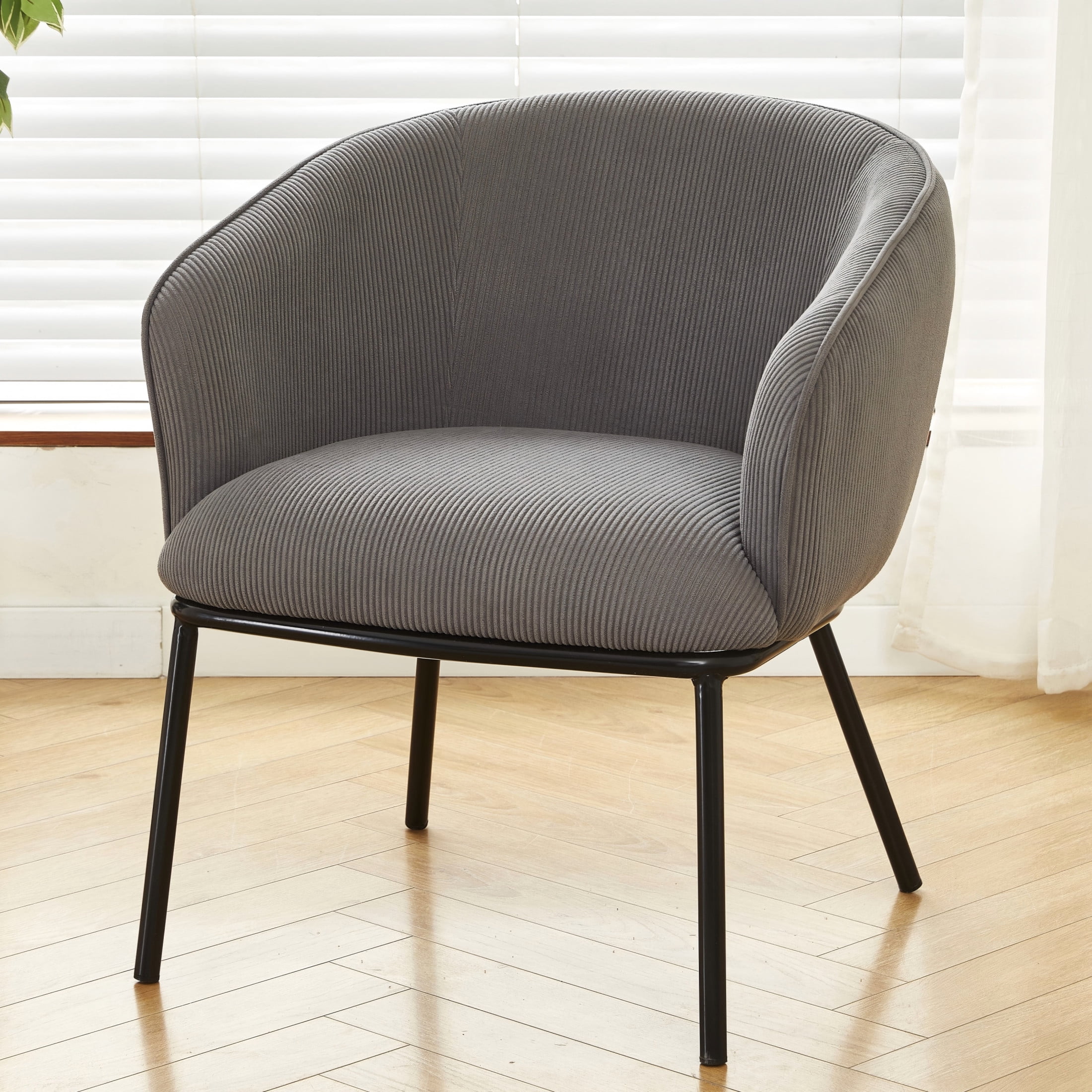 GDF Studio Mid-Century Modern Barrel Accent Chair with Corduroy Upholstery & Metal Legs, Gray