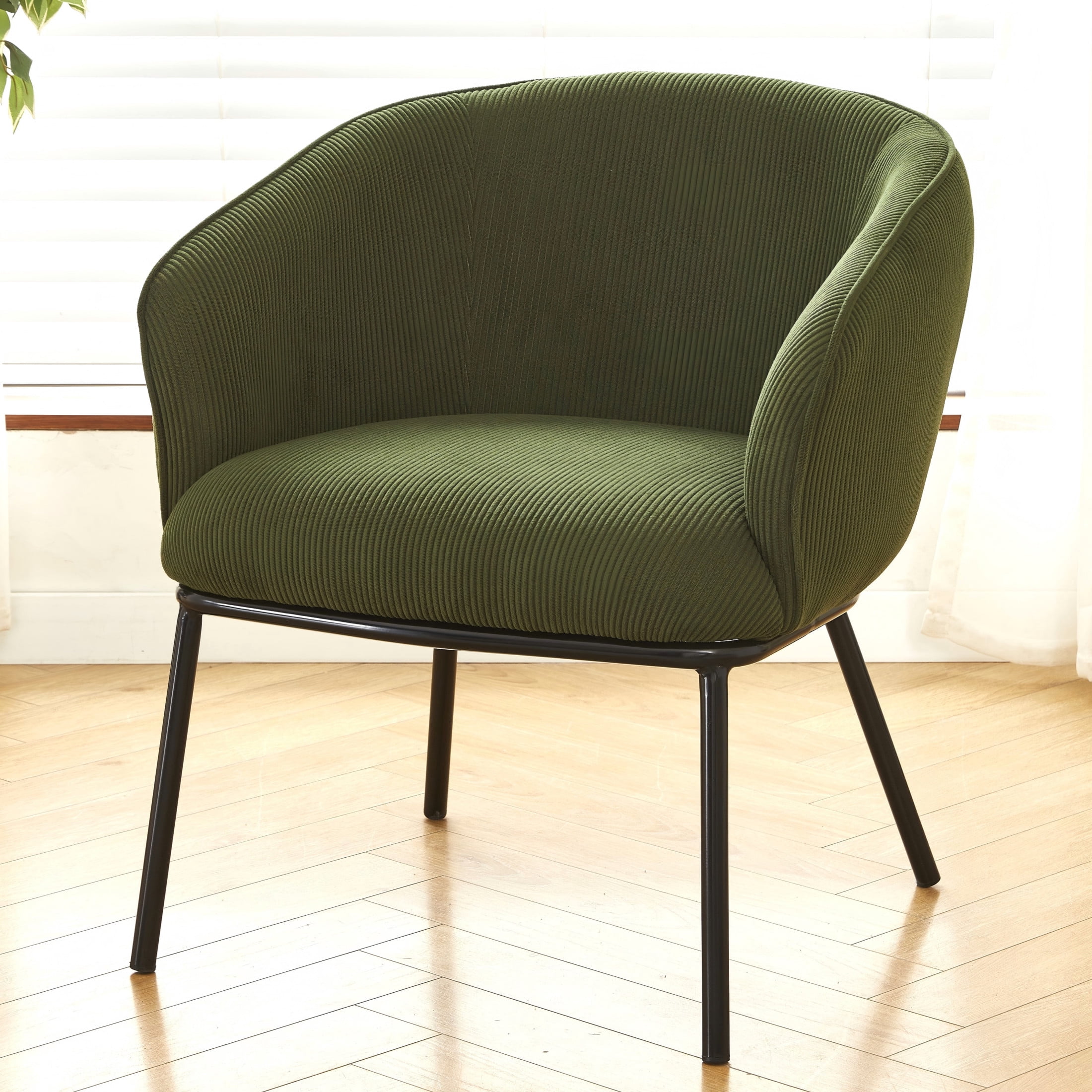 GDF Studio Mid-Century Modern Barrel Accent Chair with Corduroy Upholstery & Metal Legs, Green