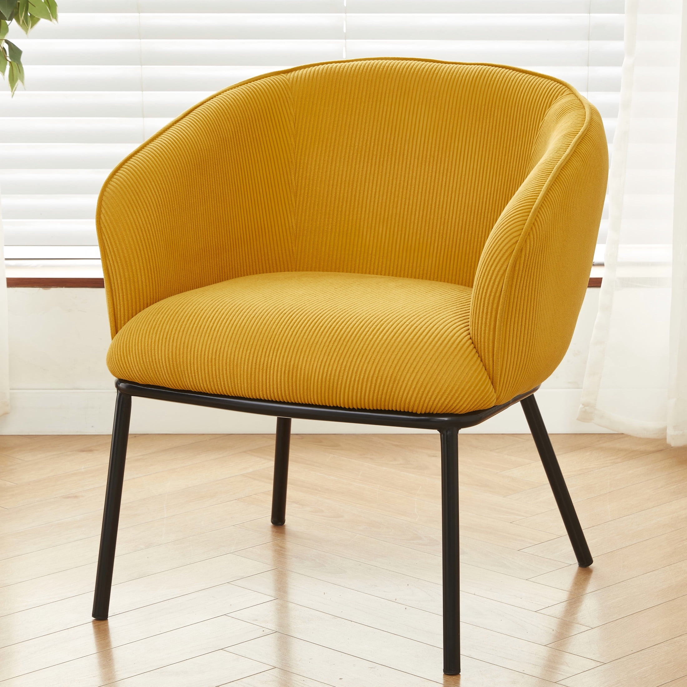 GDF Studio Mid-Century Modern Barrel Accent Chair with Corduroy Upholstery & Metal Legs, Yellow