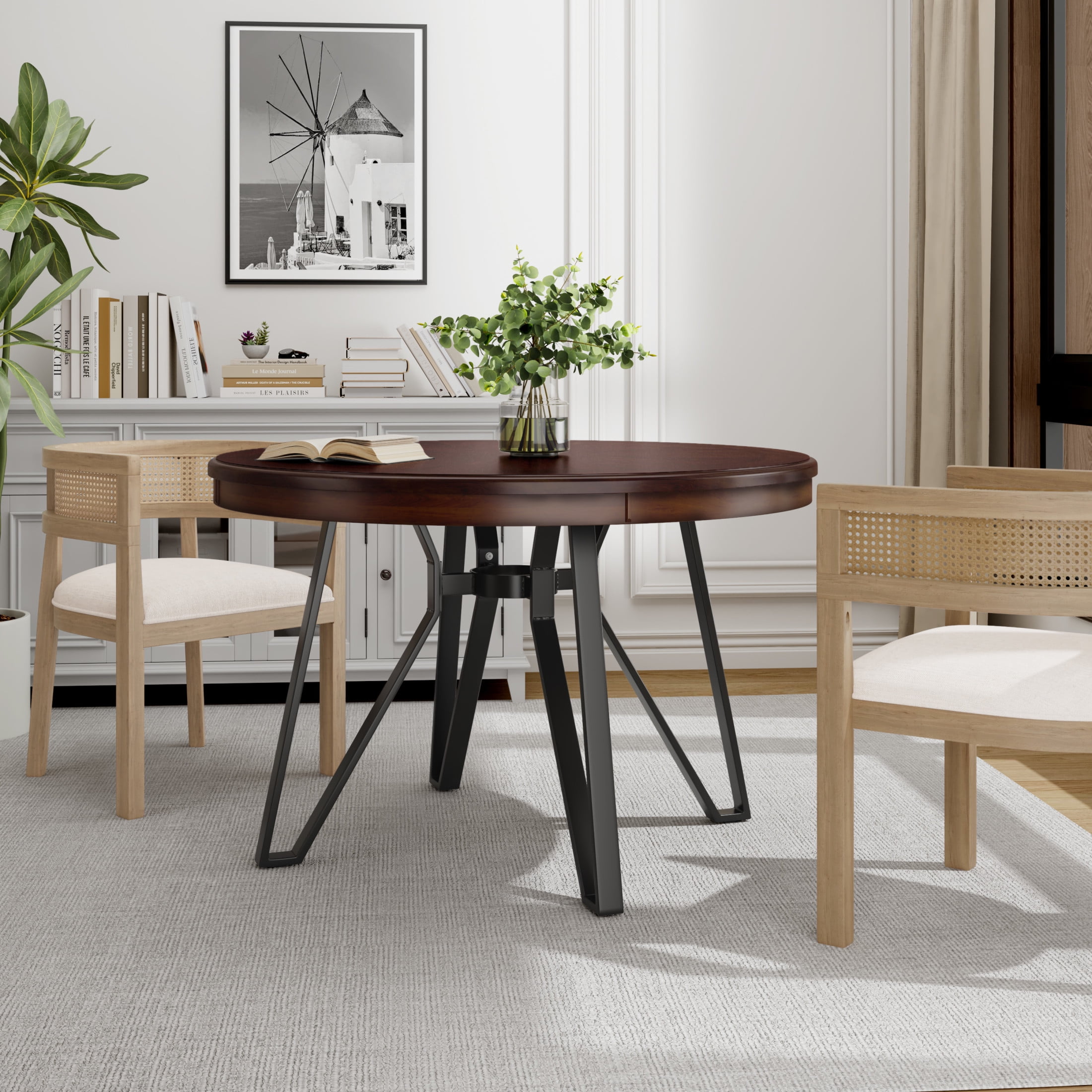 Brown Wood Round Dining Table with Metal Hairpin Legs