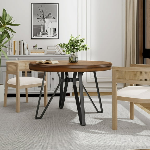 GDF Studio Mid-Century Modern Round Dining Table with Metal Hairpin Legs and Open Shelf, Light Ash