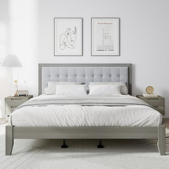 GDF Studio Mid-Century Modern Solid Wood California King Bed Frame with Silent Slats & Tufted Headboard, Grey