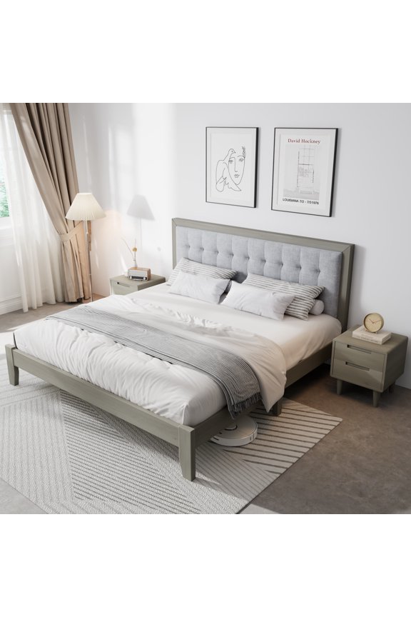 GDF Studio Mid-Century Modern Solid Wood King Bed Frame with Silent Slats & Tufted Headboard, Grey