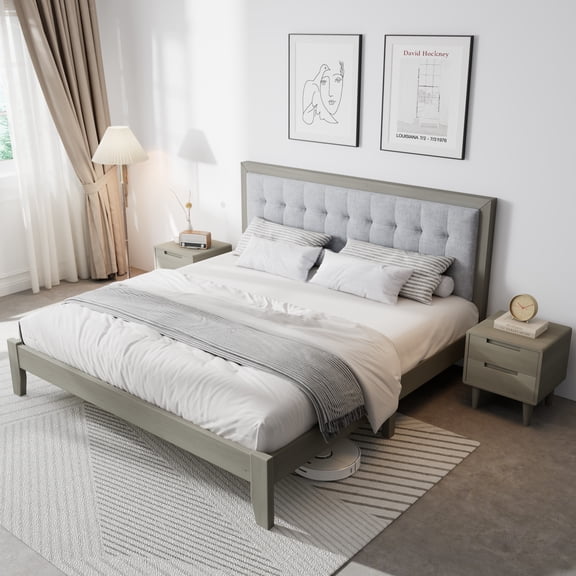 GDF Studio Mid-Century Modern Solid Wood King Bed Frame with Silent Slats & Tufted Headboard, Grey