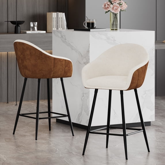 Horatia Mid-Century Modern 26.5'' Counter Height Bar Stools, Upholstered Barstools with Metal Legs, Beige+Brown, Set of 2