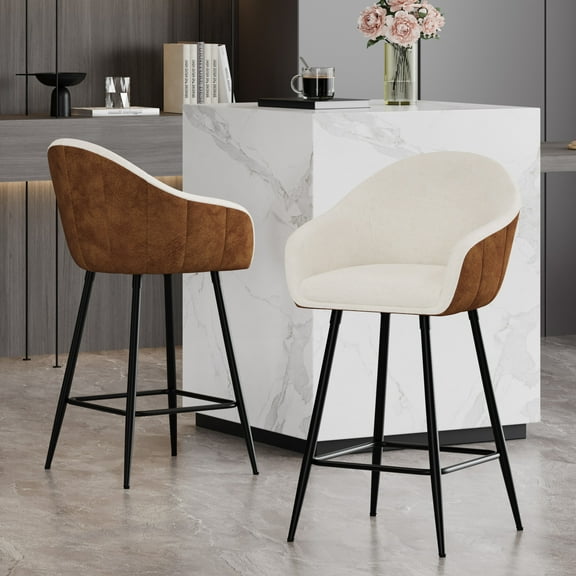 GDF Studio Mid-Century Modern Upholstered Counter Height Bar Stools with Two-Tone Splicing and Metal Legs, Beige+Brown, Set of 2