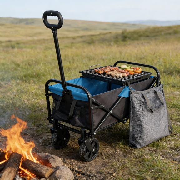 GDF Studio Mini Folding Wagon Cart, Heavy Duty Garden Shopping Beach Cart, Large Capacity, Black and Blue