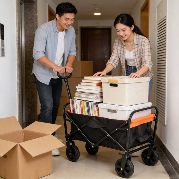 GDF Studio Mini Folding Wagon Cart, Heavy Duty Garden Shopping Beach Cart, Large Capacity, Black and Orange