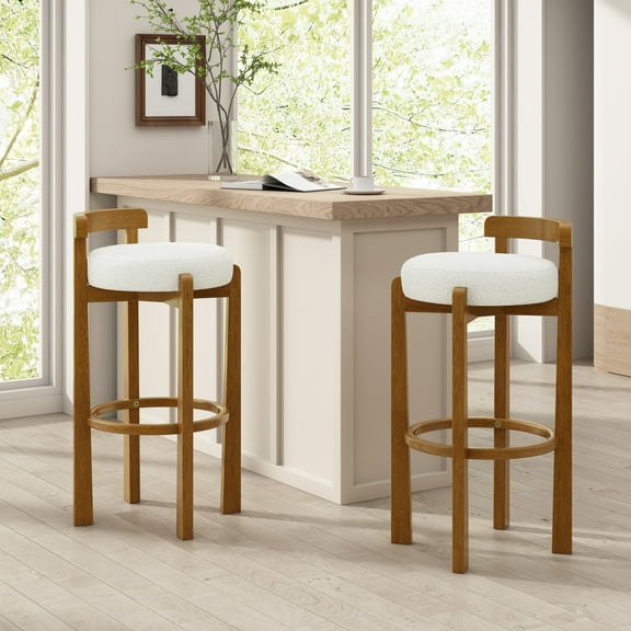 GDF Studio Minimalist Bar Stools with Low Back, Walnut Finish Wood Frame, White Upholstered, Set of 2