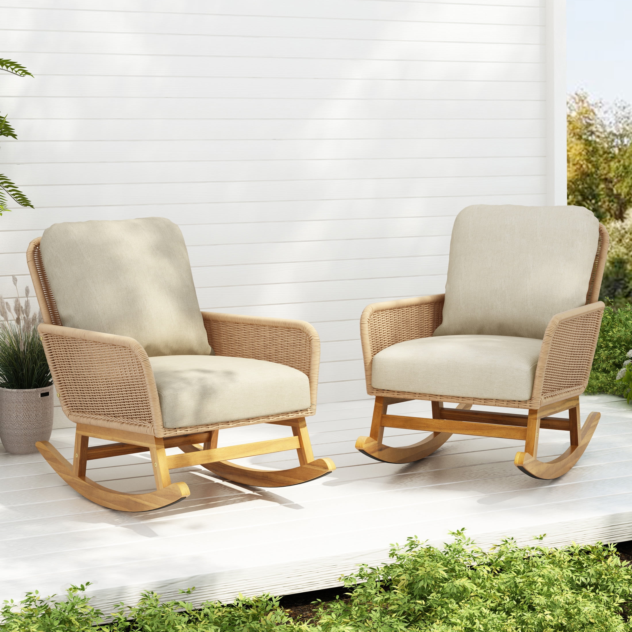 Beige Cushioned Wood and Rattan Outdoor Rocking Chair Set