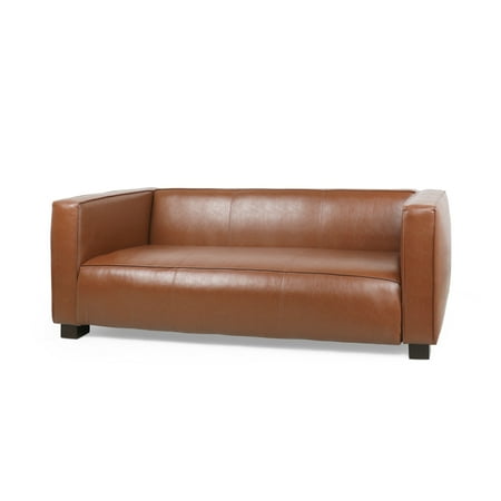 GDF Studio Minkler Contemporary Faux Leather 3 Seater Sofa, Cognac Brown and Dark Walnut