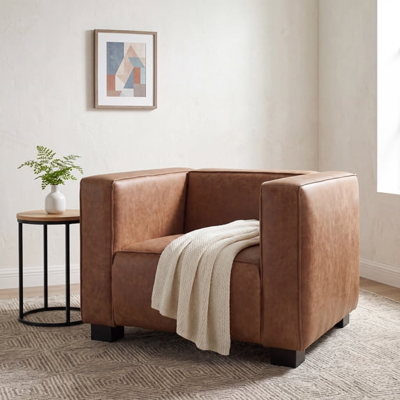GDF Studio Minkler Contemporary Faux Leather Club Chair, Cognac Brown and Dark Walnut