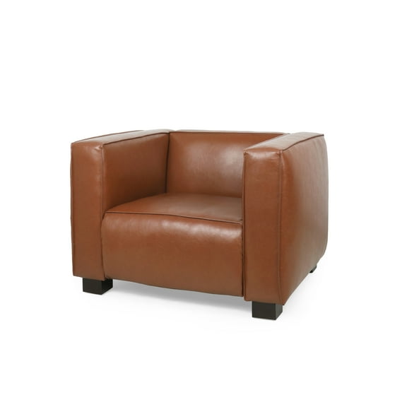 GDF Studio Minkler Contemporary Faux Leather Club Chair, Cognac Brown and Dark Walnut