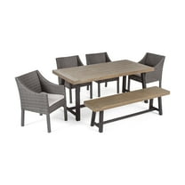 GDF Studio Mirabeau Outdoor Acacia Wood and Wicker 6 Piece Dining Set with Bench, Sandblasted Gray, Black, and Gray
