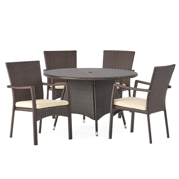 GDF Studio Mirage Outdoor Wicker 5 Piece Dining Set with Cushions, Multibrown and Cream