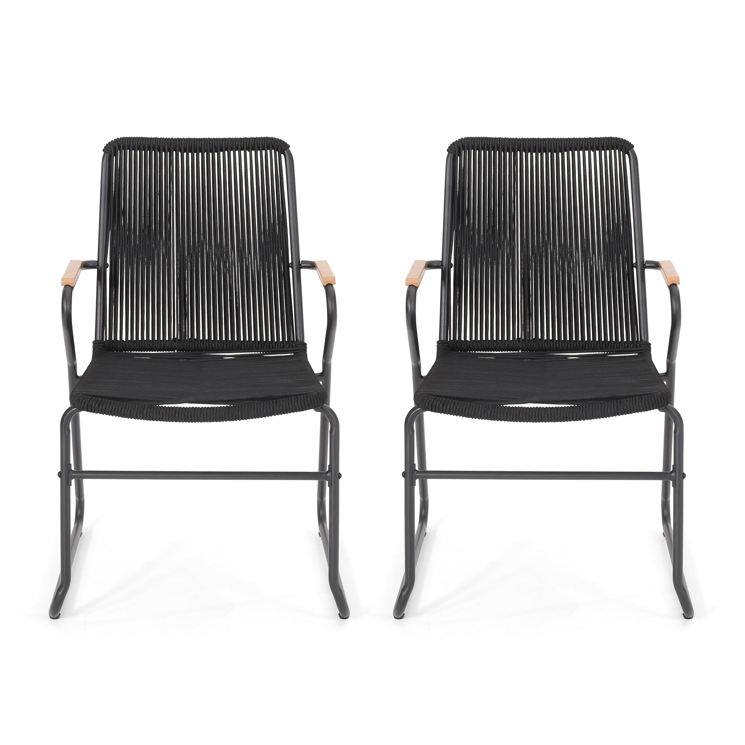 Modern Black Rope Weave Club Chairs with Iron Frame, Set of 2