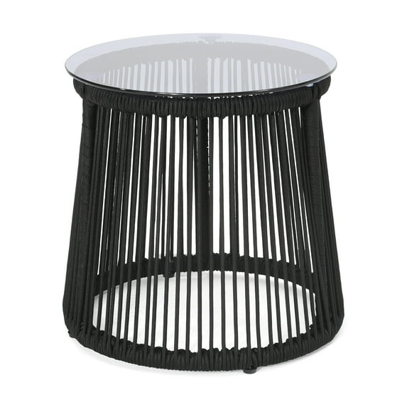 GDF Studio Miriam Outdoor Rope Weave and Glass Side Table, Black and Natural