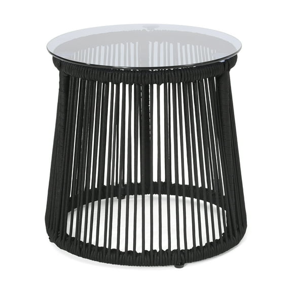 GDF Studio Miriam Outdoor Rope Weave and Glass Side Table, Black and Natural