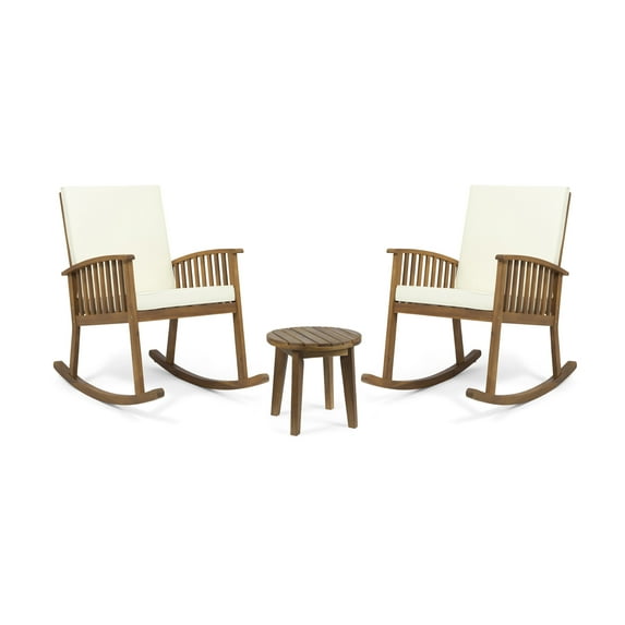 GDF Studio Miro Outdoor Acacia Wood 3 Piece Rocking Chair Chat Set with Cushions, Brown, Teak, and Cream