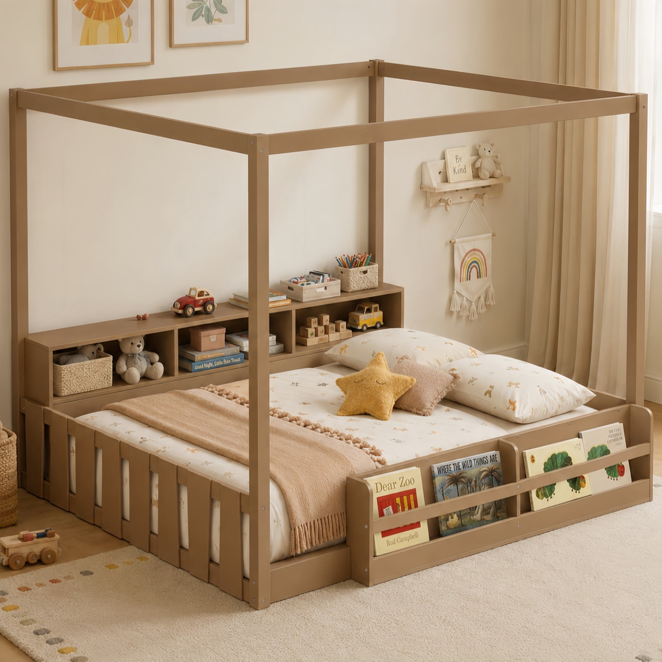 GDF Studio Misol Full Size Montessori Canopy Floor Bed with Storage & Guardrails, Pine Wood Kids Bed Frame, Dark Brown