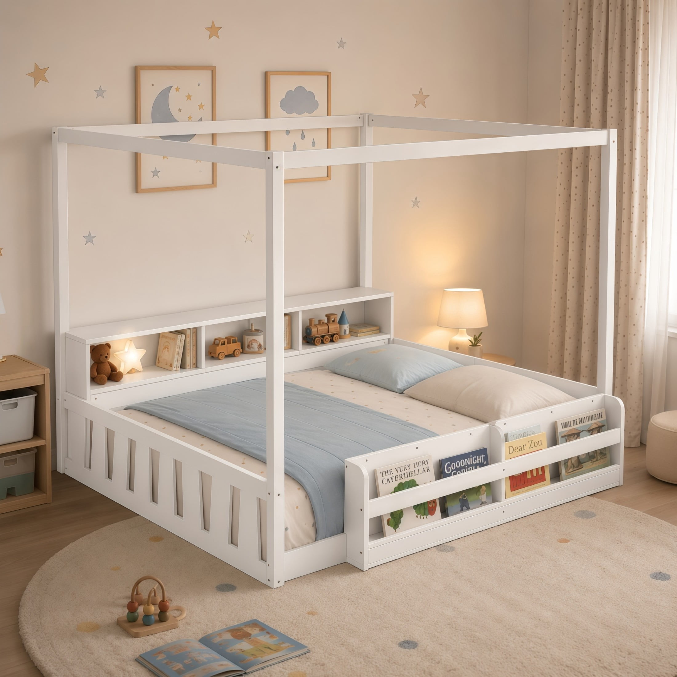 GDF Studio Misol Full Size Montessori Canopy Floor Bed with Storage & Guardrails, Pine Wood Kids Bed Frame, White