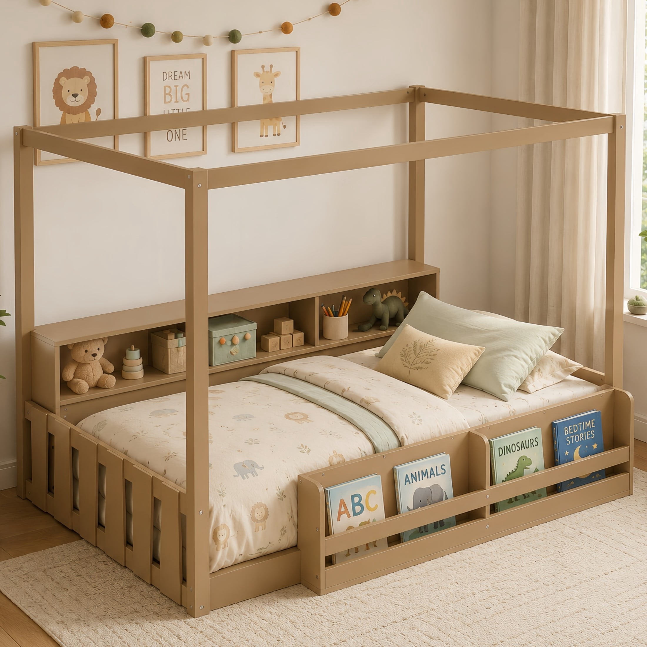 GDF Studio Misol Twin Size Montessori Canopy Floor Bed with Storage & Guardrails, Pine Wood Kids Bed Frame, Dark Brown