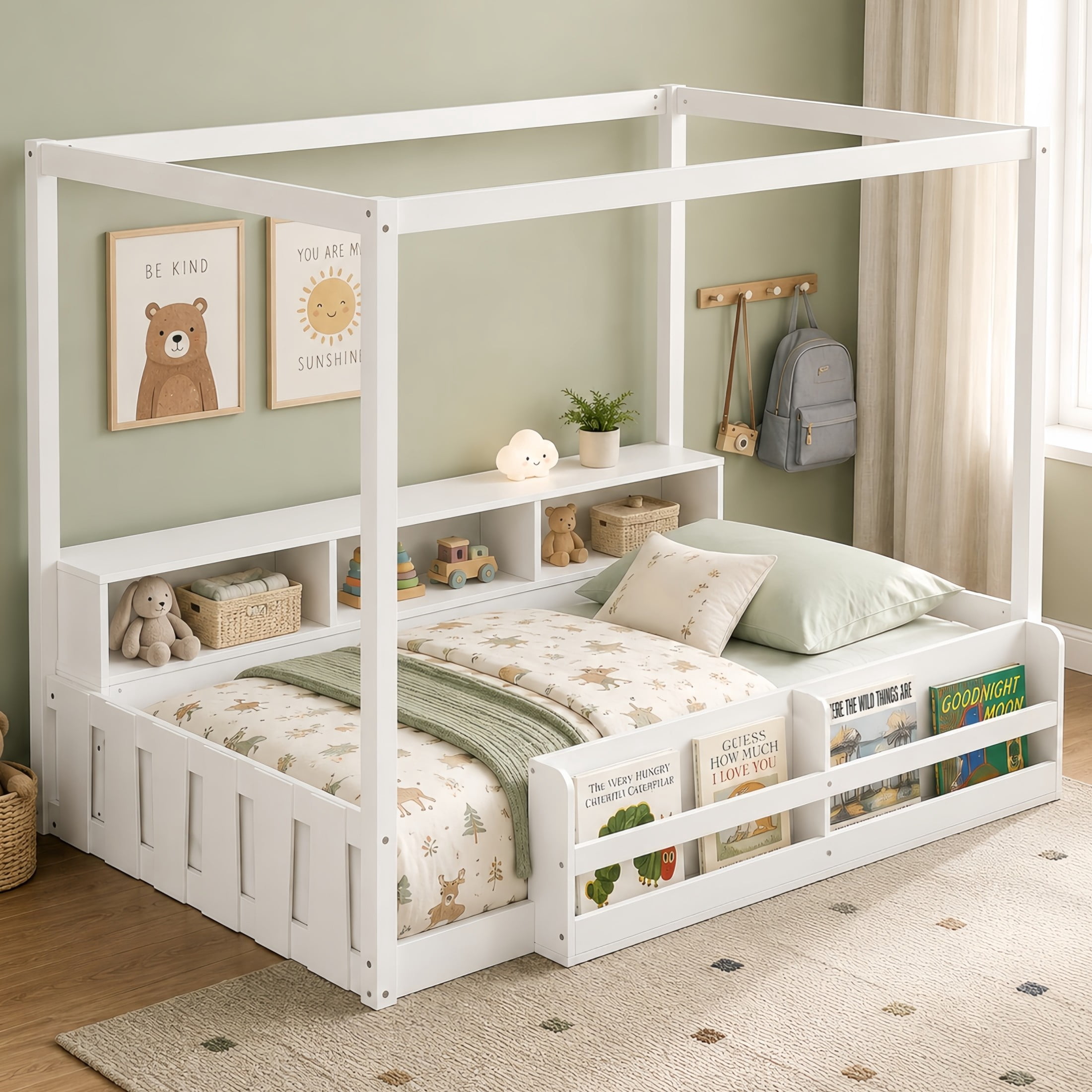 GDF Studio Misol Twin Size Montessori Canopy Floor Bed with Storage & Guardrails, Pine Wood Kids Bed Frame, White