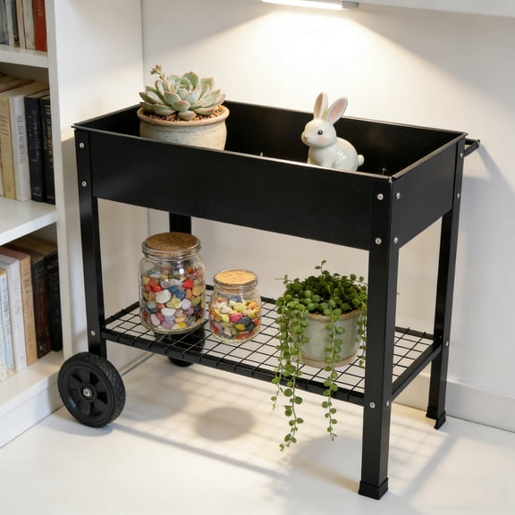 GDF Studio Mobile Metal Raised Garden Bed Cart with Legs and Wheels, Elevated Planter Box, for Patio, Backyard, Black