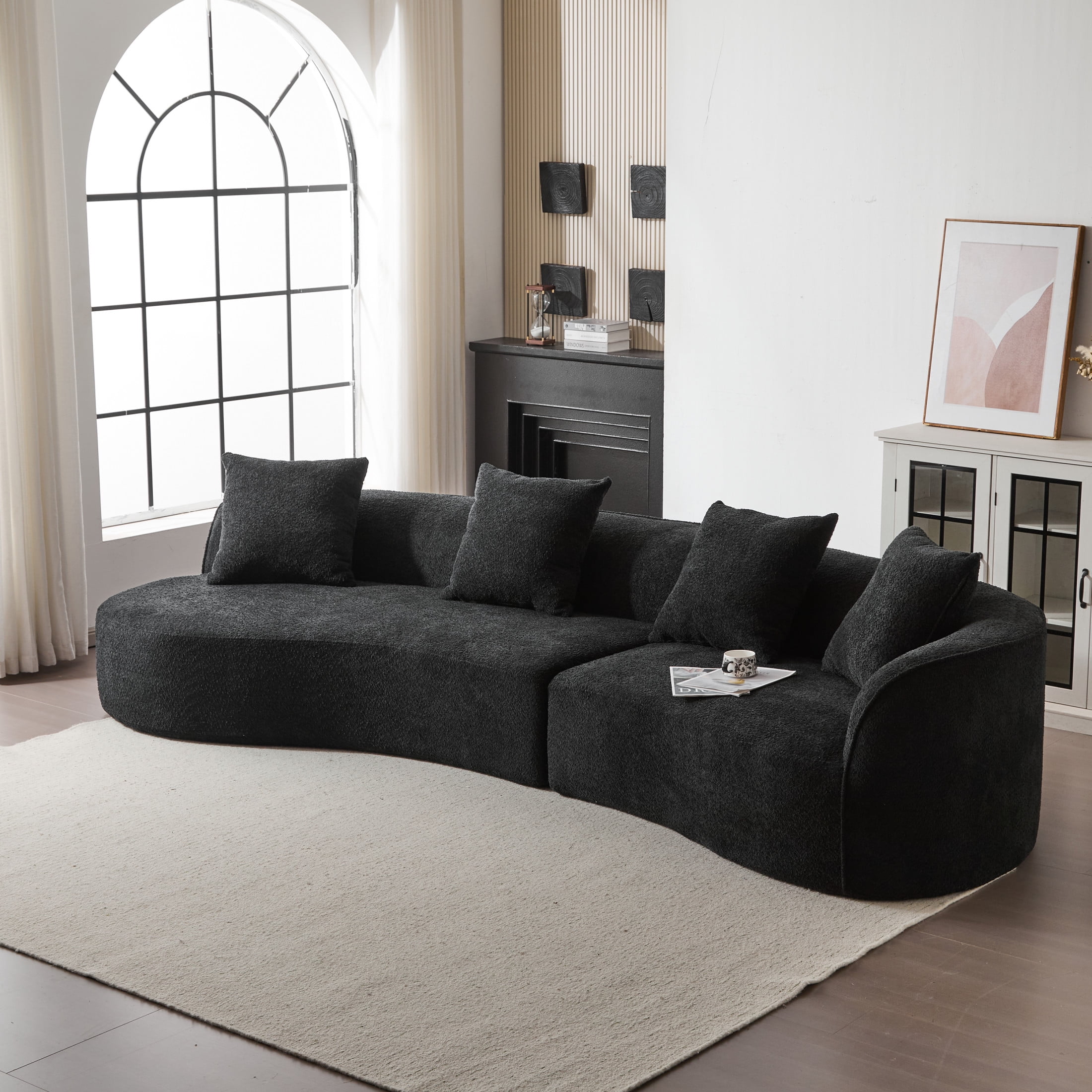 GDF Studio Modern 126" Oversized Curved Sectional Sofa, Modular Upholstered 5 Seat Sofa with 4 Throw Pillows, Black