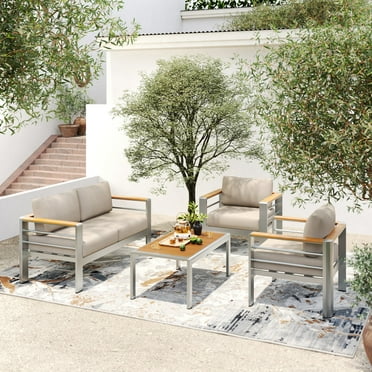 GDF Studio Modern 4 Piece Outdoor Patio Aluminum Chat Set, Conversation Set with Loveseat, Club Chairs, Coffee Table & Cushions