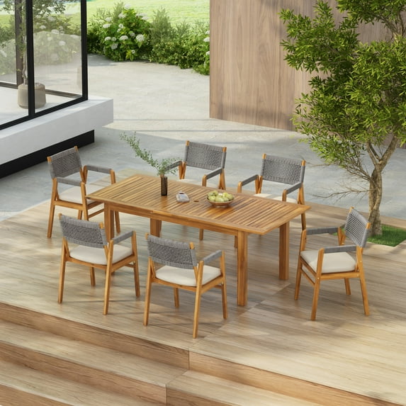 GDF Studio Modern 7-Piece Outdoor Dining Set with Acacia Wood Expandable Table and Rope-Design Chairs, Grey + Teak