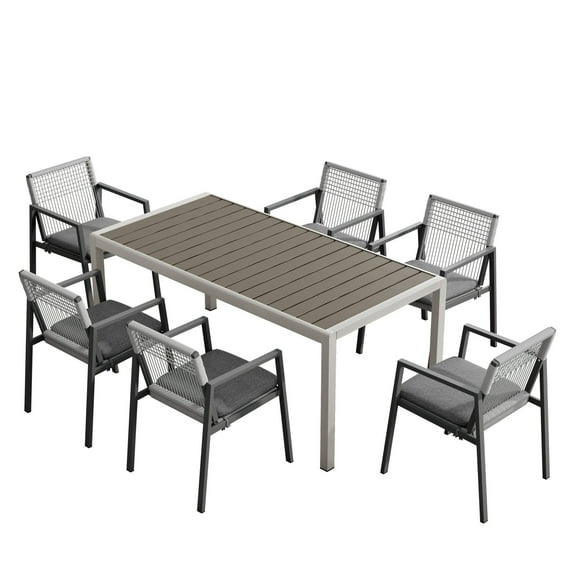 GDF Studio Modern Aluminum Dining Set, 1 Faux Wood Table & 6 Rope-Woven Chairs