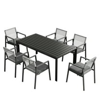GDF Studio Modern Aluminum Dining Set, 1 Slat-Panel Table & 6 Rope-Woven Chairs