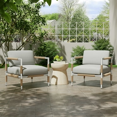 GDF Studio Modern Aluminum Frame Club Chairs with Rattan Armrests & Thick Cushions, Set of 2