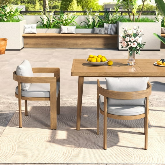 GDF Studio Modern Aluminum Outdoor Dining Chairs with Cushions, Teak+Light Gray, Set of 2