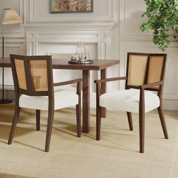 GDF Studio Modern Arm Dining Chairs with Cane Rattan Backrest, Beige Cushion, Walnut Wood Frame, Set of 2