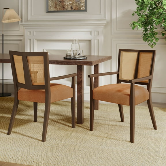 GDF Studio Modern Arm Dining Chairs with Cane Rattan Backrest, Caramel Cushion, Walnut Wood Frame, Set of 2