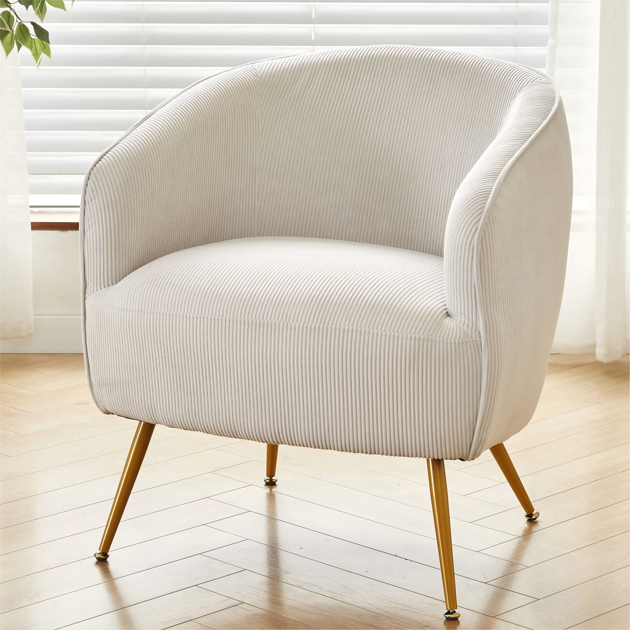 GDF Studio Modern Barrel Accent Chair with Corduroy Upholstery & Gold Metal Legs, Beige