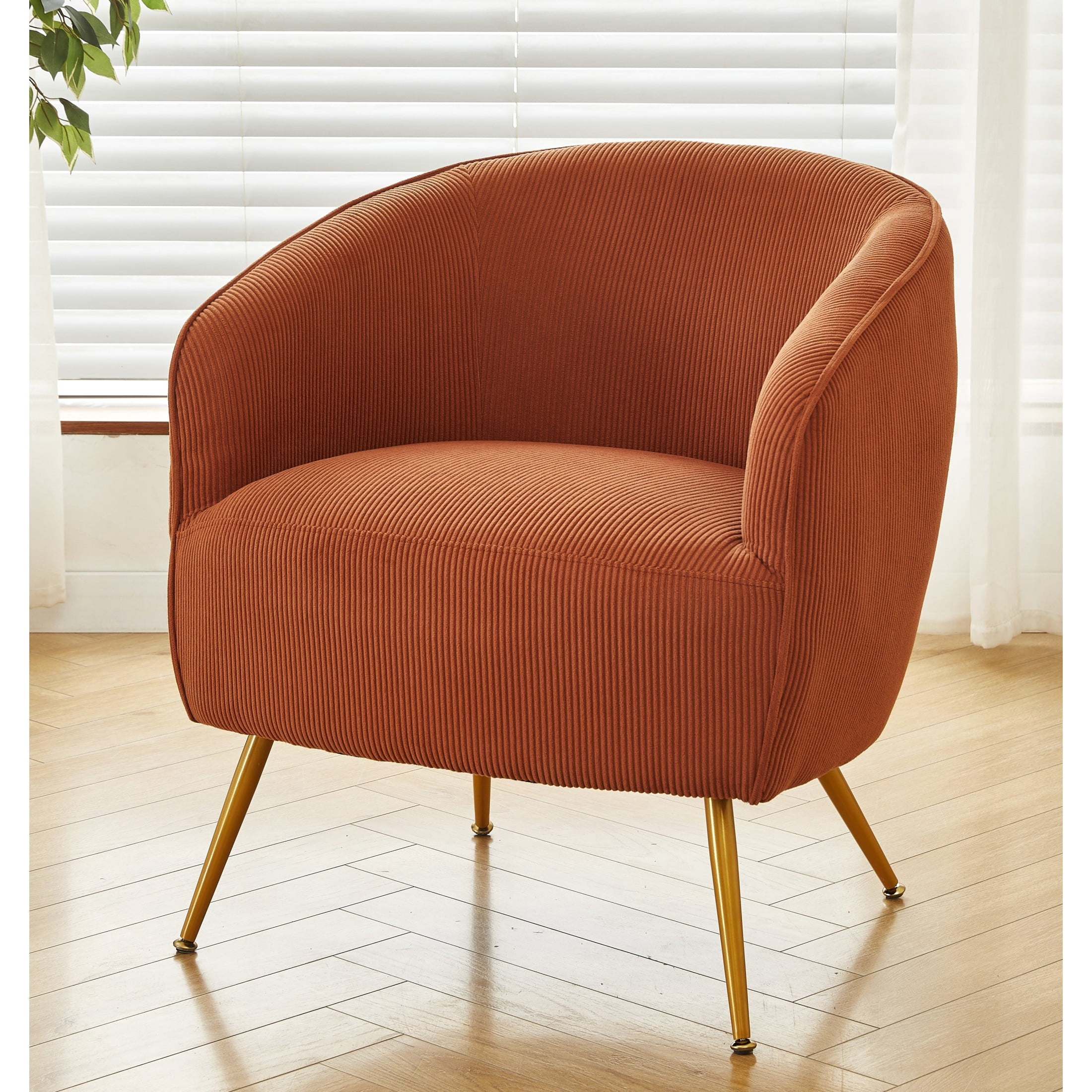 GDF Studio Modern Barrel Accent Chair with Corduroy Upholstery & Gold Metal Legs, Terracotta Brown