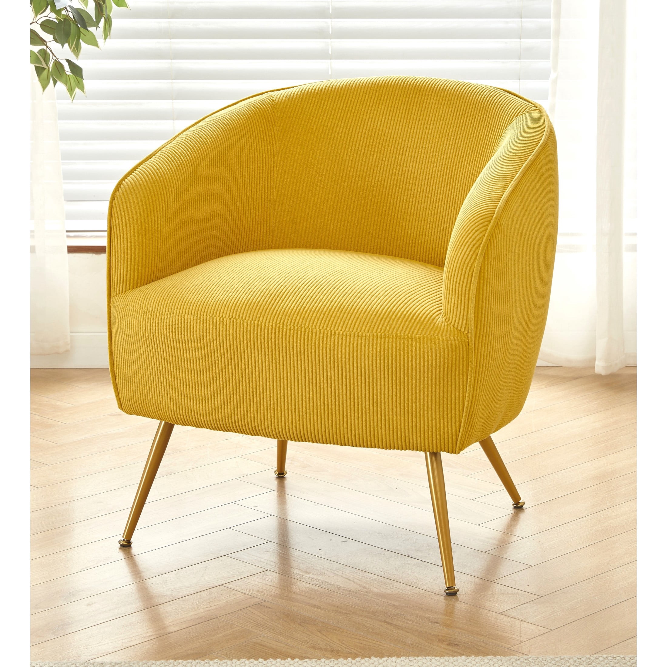GDF Studio Modern Barrel Accent Chair with Corduroy Upholstery & Gold Metal Legs, Yellow