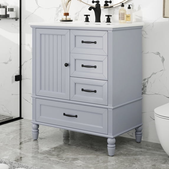 GDF Studio Modern Bathroom Vanity with Cabinet, Drawers, Solid Wood Legs, Gold Handle and Knob, Grey Finish