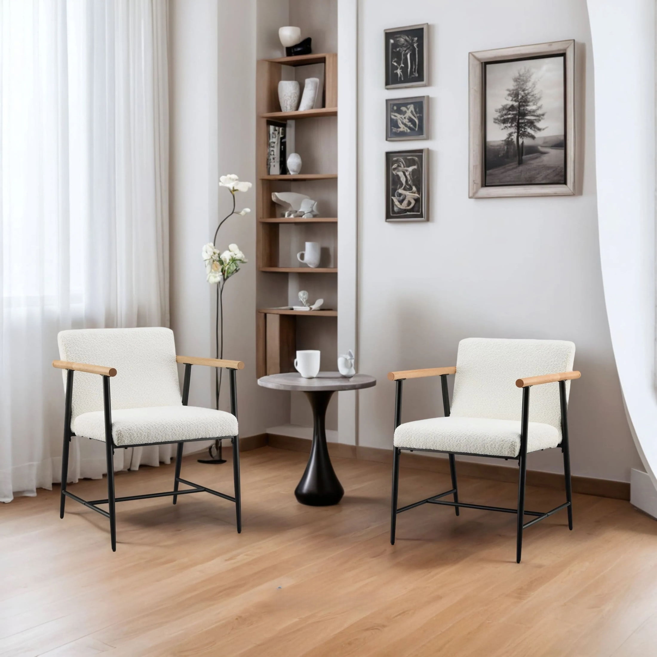 Modern Beige Upholstered Arm Chairs with Black Metal Frame, Set of 2