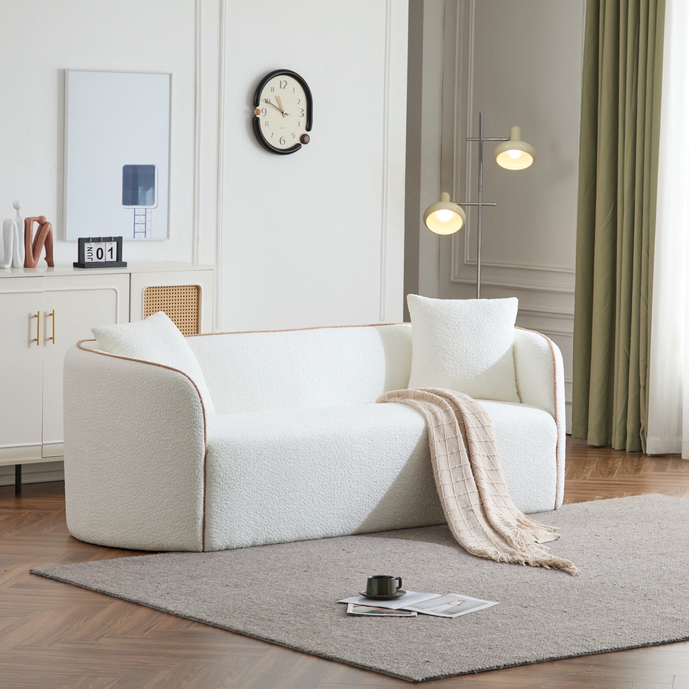 GDF Studio Modern Boucle Curved 3 Seater Sofa with Plush Cushions and Sturdy Wood Frame, White